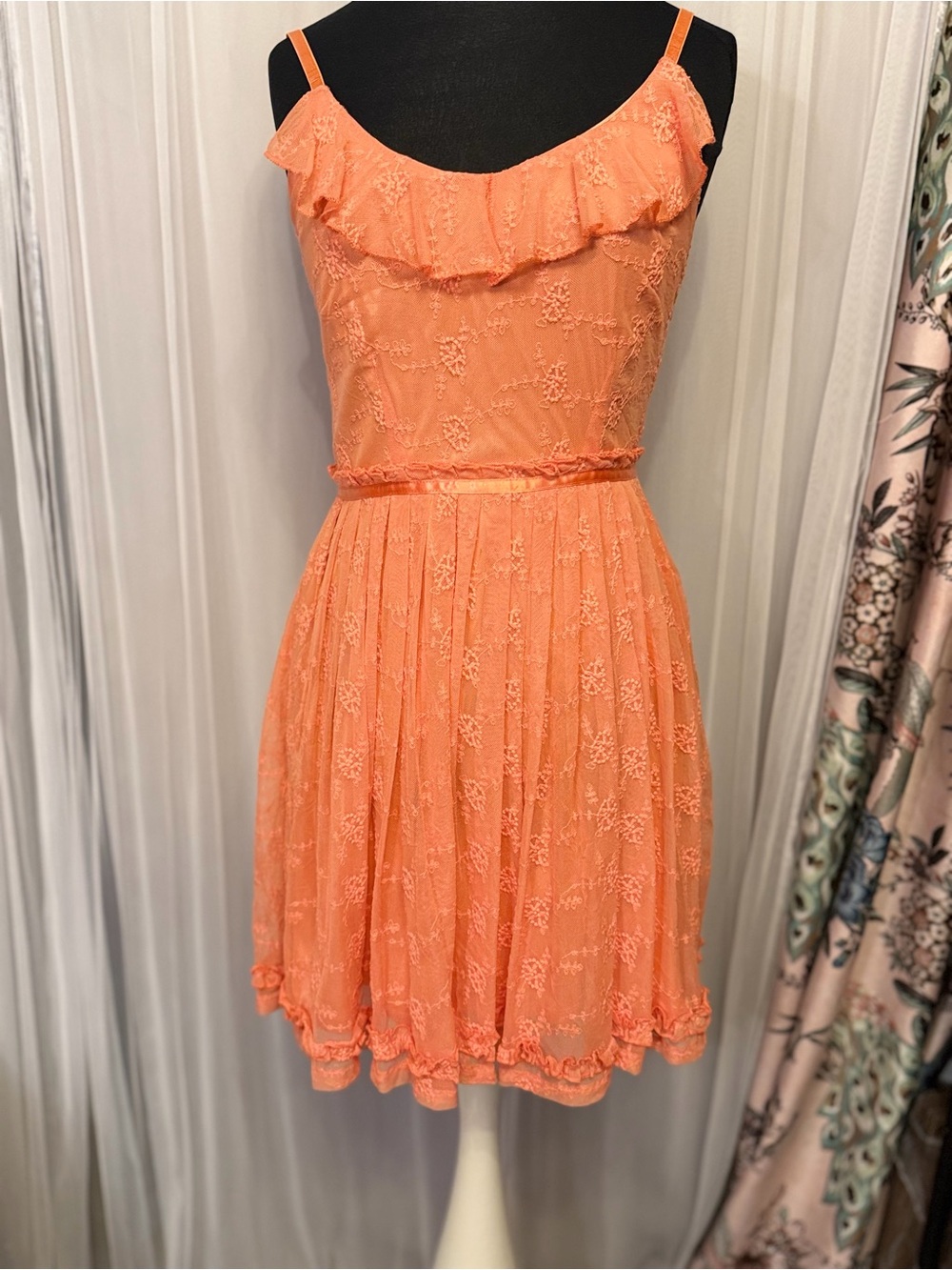 Altar’d State Coral Orange Lace Ruffle Fit & Flare Dress Size S